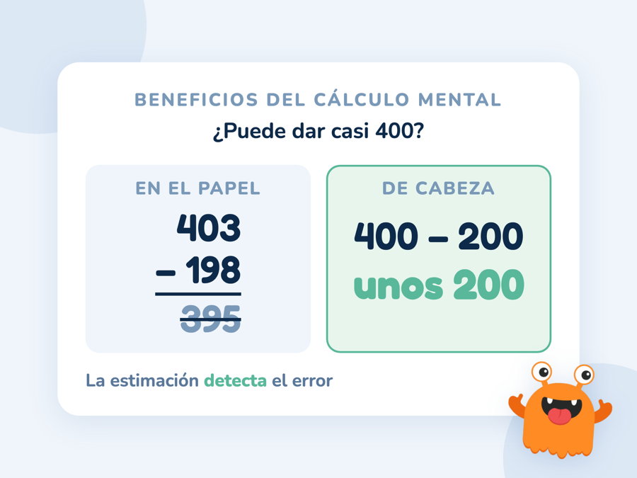 La resta 403 menos 198 resuelta con un error que da 395, al lado de la estimación de cabeza 400 menos 200, unos 200