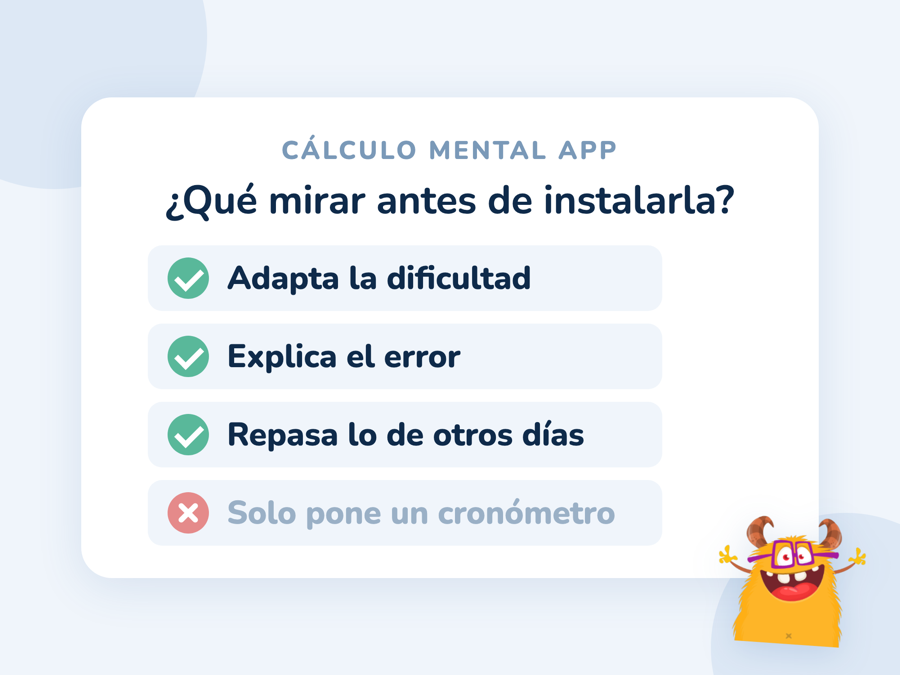 Lista de comprobación para elegir una app de cálculo mental: adapta la dificultad y explica el error sí, solo cronómetro no
