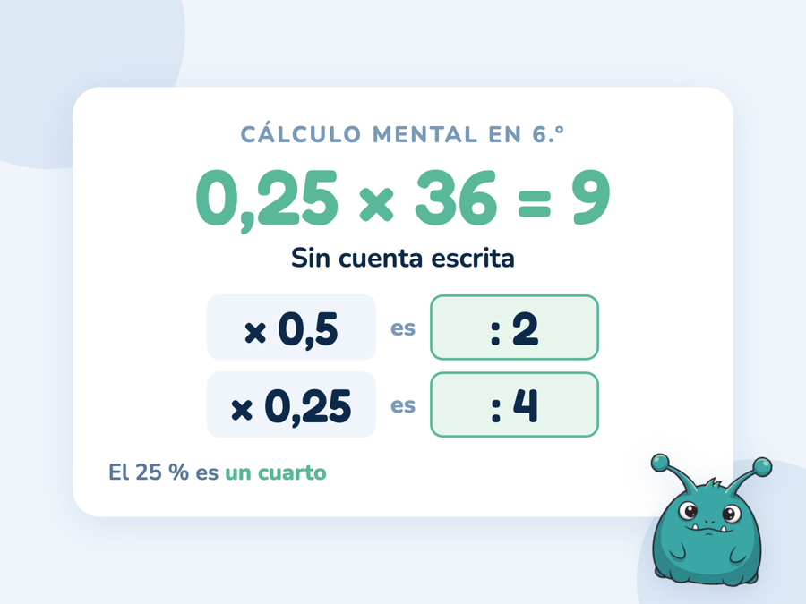 Dos equivalencias para calcular de cabeza: multiplicar por 0,5 es dividir entre 2 y multiplicar por 0,25 es dividir entre 4, con 0,25 × 36 = 9
