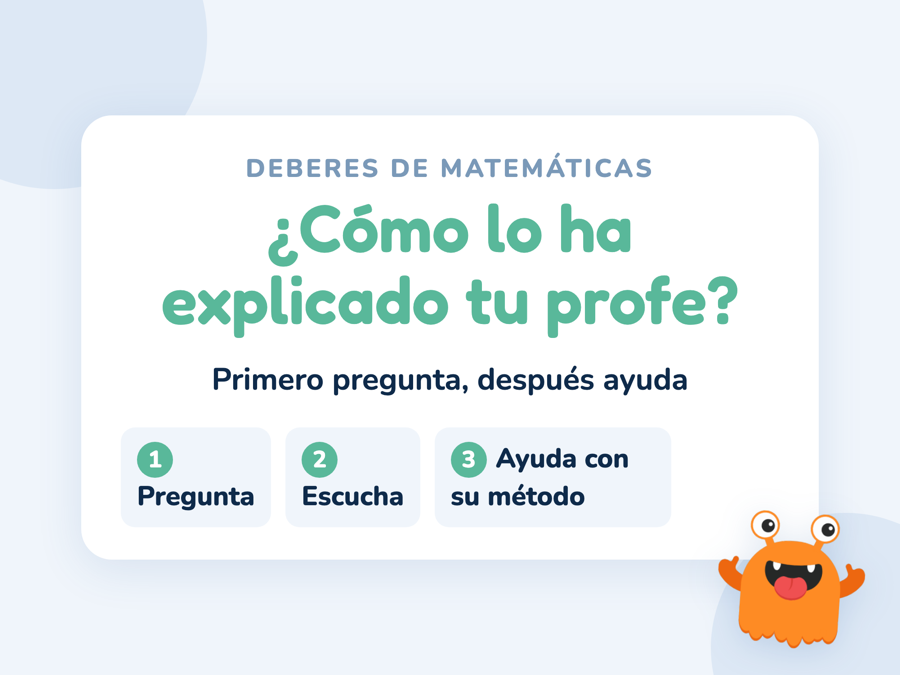 Tarjeta con la pregunta «¿Cómo lo ha explicado tu profe?» y tres pasos: preguntar, escuchar y ayudar con su método