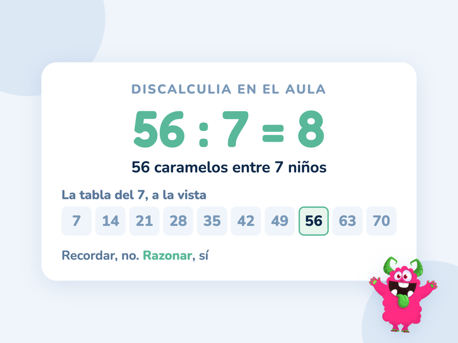 Un problema de reparto junto a una tabla de multiplicar a la vista, con 56 : 7 = 8 resuelto gracias a la fila del 7