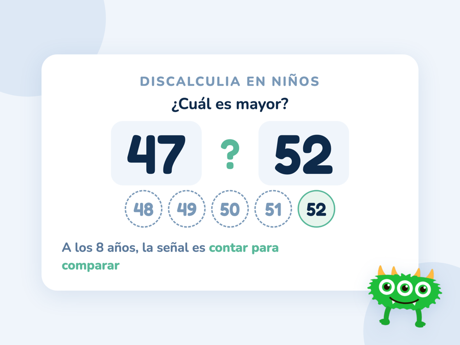Dos números cercanos, 47 y 52, con la pregunta de cuál es mayor y debajo los números del 48 al 52, contados de uno en uno