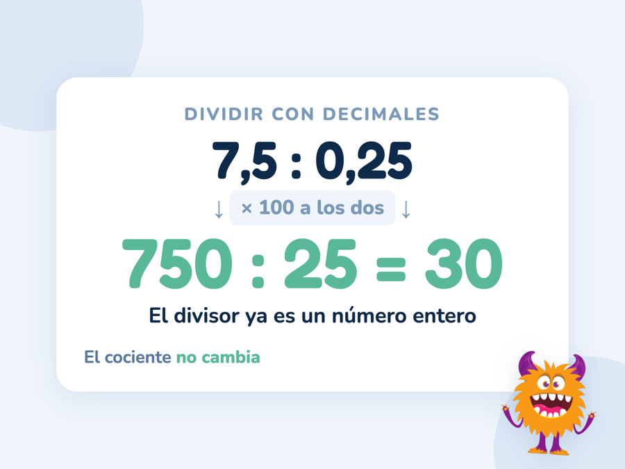 La división 7,5 : 0,25 se convierte en 750 : 25 = 30 multiplicando dividendo y divisor por 100