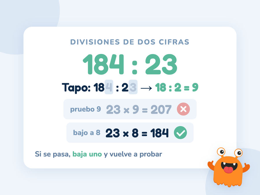 La división 184 : 23 con la estimación 18 : 2 = 9; la prueba 23 × 9 = 207 se pasa y 23 × 8 = 184 es la buena
