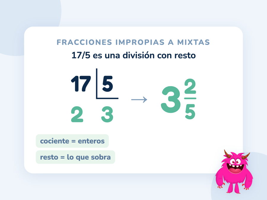 La división 17 : 5 con cociente 3 y resto 2 junto a su resultado como número mixto: 17/5 = 3 2/5