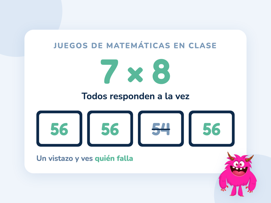 Cuatro pizarras individuales levantadas a la vez con la respuesta 56 a la pregunta 7 por 8; una de ellas dice 54