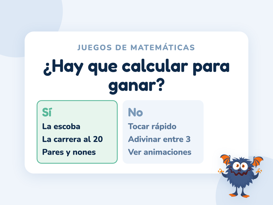 Una tarjeta con la pregunta ¿hay que calcular para ganar?, con ejemplos de juegos que sí obligan a calcular y juegos que premian solo la rapidez