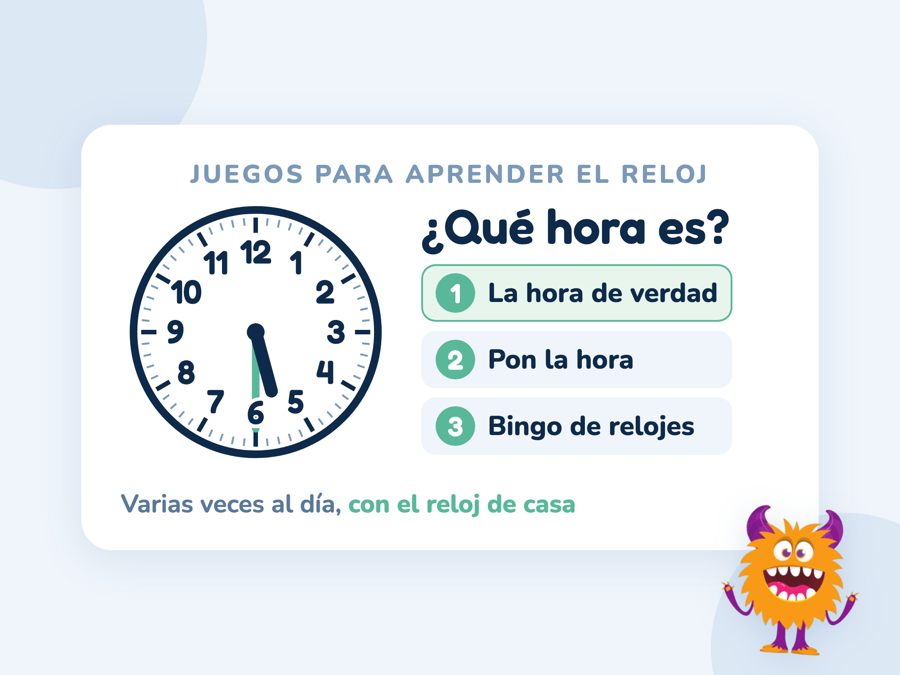 Tarjeta de juego con un reloj de agujas que marca las 5 y media y la pregunta qué hora es, junto a tres juegos: la hora real, pon la hora y bingo de relojes