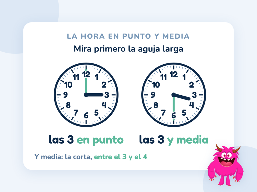 Dos relojes de agujas: las 3 en punto con la aguja larga en el 12 y las 3 y media con la aguja larga en el 6 y la corta entre el 3 y el 4
