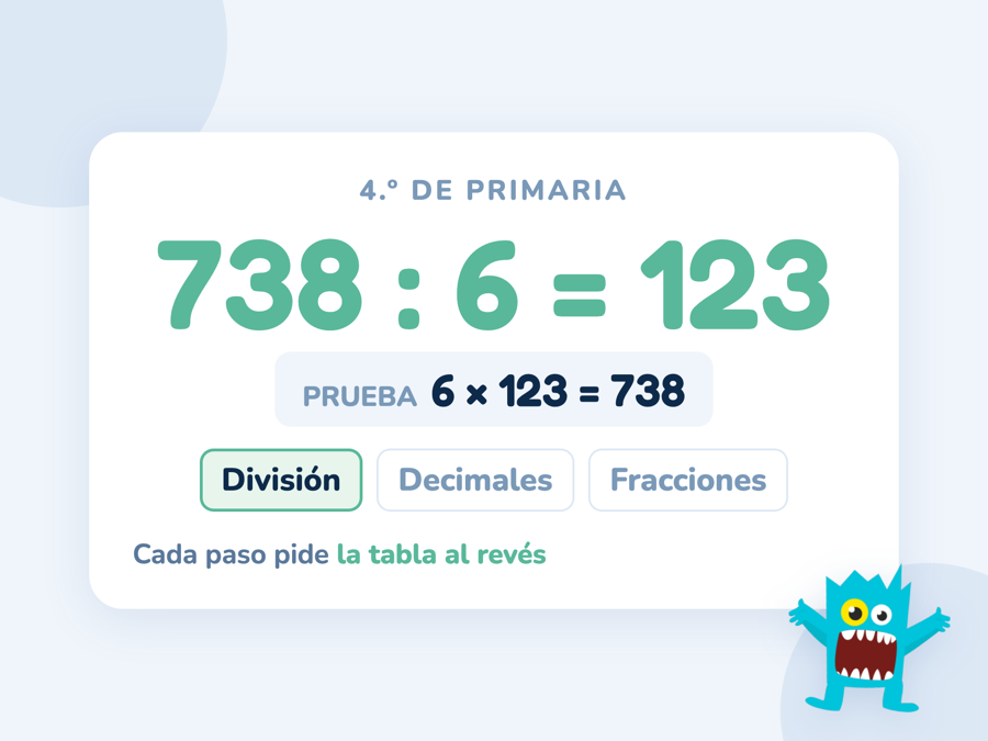 La división 738 : 6 = 123 con su prueba 6 × 123 = 738, y debajo los tres temas de 4.º: división, decimales y fracciones
