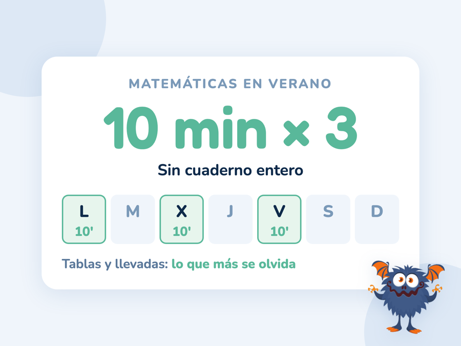 Una semana de verano de lunes a domingo con lunes, miércoles y viernes marcados en verde con diez minutos cada uno