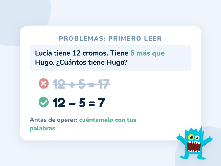 Enunciado de un problema de cromos con la trampa de «más que»: 12 + 5 = 17 tachado y 12 − 5 = 7 marcado como correcto