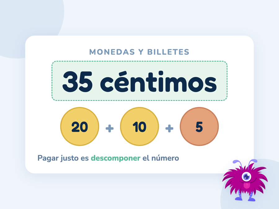 Una etiqueta de precio de 35 céntimos pagada con tres monedas: 20, 10 y 5 céntimos, como ejemplo de descomposición
