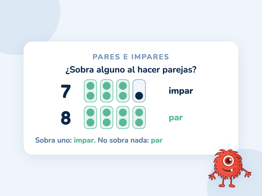 Siete puntos agrupados de dos en dos con uno sin pareja junto a ocho puntos en cuatro parejas completas