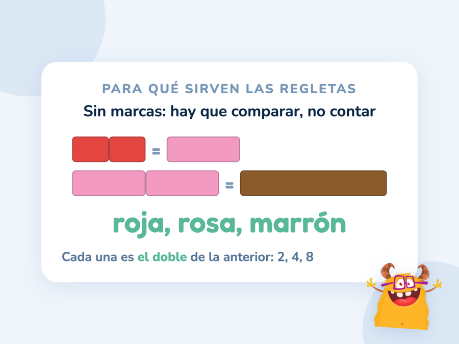Regletas Cuisenaire sin marcas: dos rojas forman una rosa y dos rosas forman una marrón, con el texto el doble