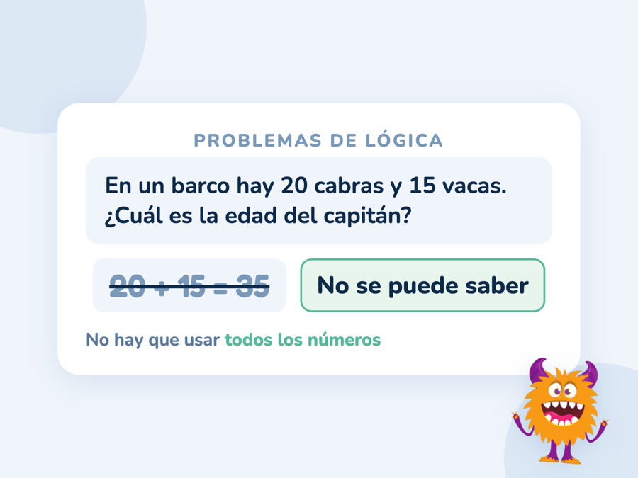 El problema de la edad del capitán: en un barco hay 20 cabras y 15 vacas, y la respuesta 20 + 15 = 35 tachada