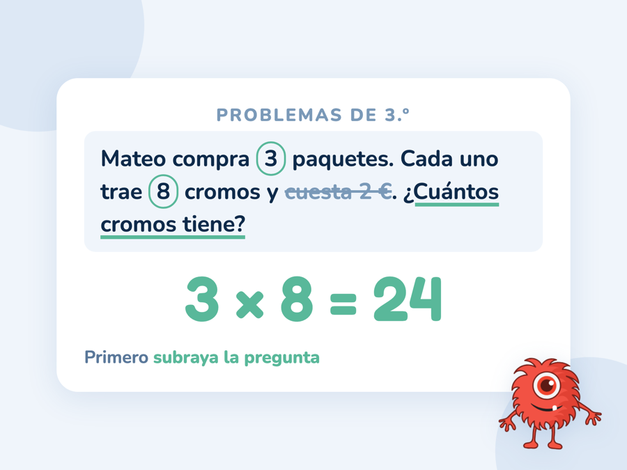 Un problema de cromos con la pregunta subrayada en verde, el dato del precio tachado y la operación elegida 3 × 8 = 24