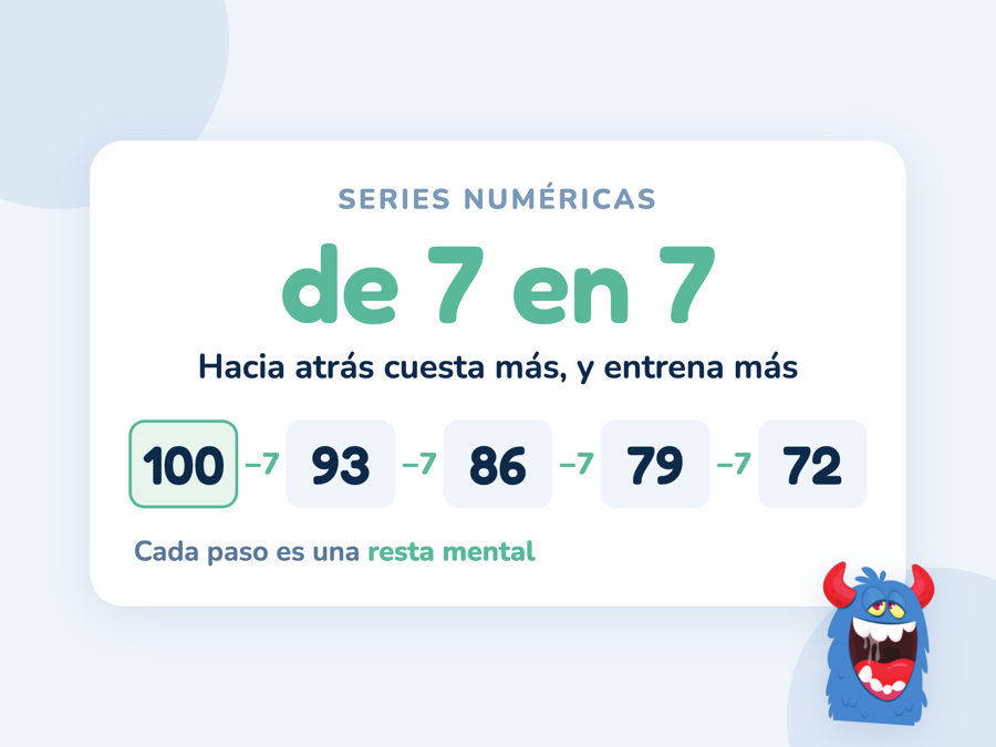 La serie numérica descendente 100, 93, 86, 79, 72 con flechas de menos 7 entre cada número