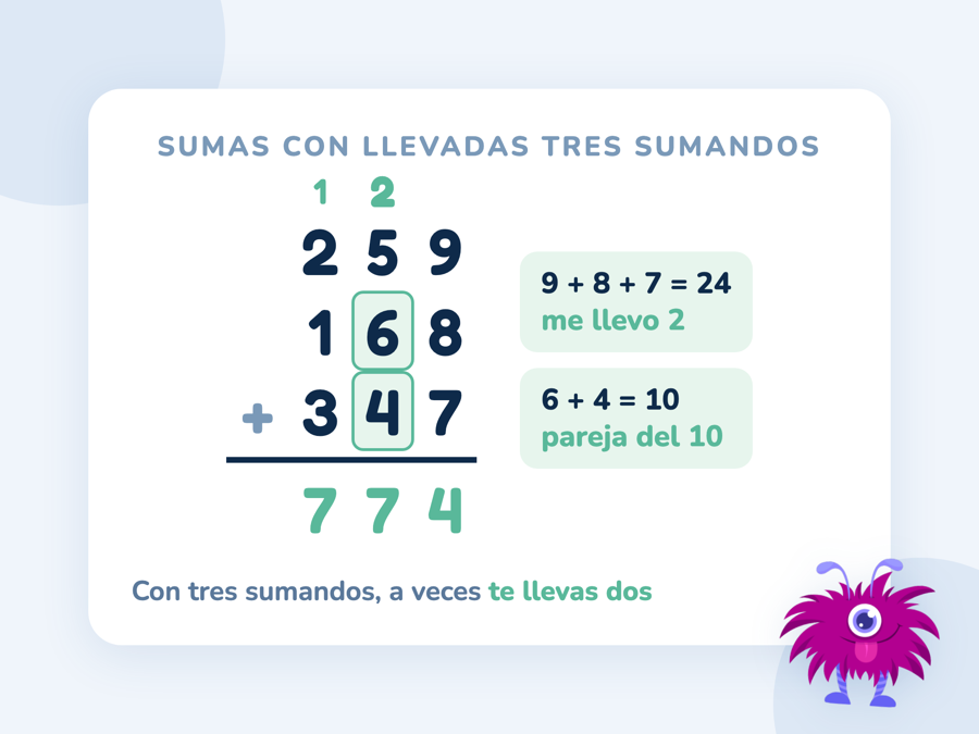 La suma en vertical 259 + 168 + 347 = 774 con un 2 verde como llevada sobre las decenas y la pareja 6 + 4 marcada