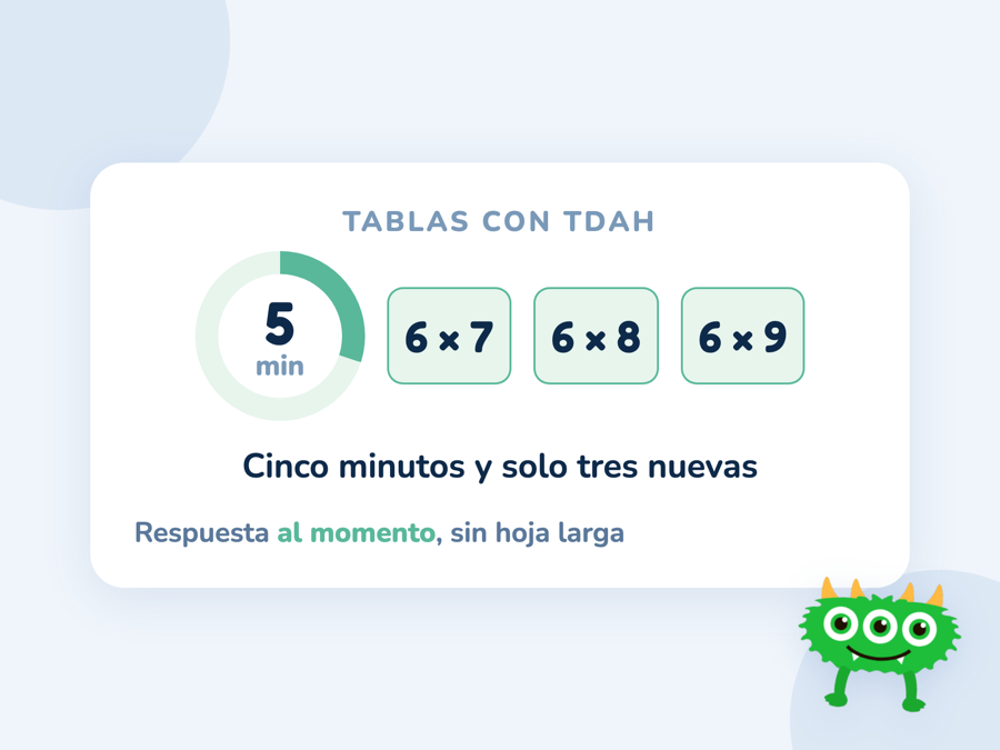 Un temporizador de cinco minutos junto a tres tarjetas con multiplicaciones nuevas: 6 × 7, 6 × 8 y 6 × 9