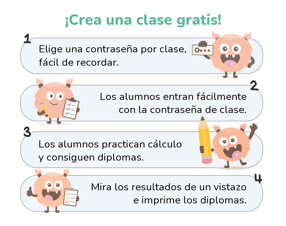 Crea una clase gratis: elige una contraseña de clase, los alumnos entran solos, practican cálculo y consiguen diplomas, y tú ves los resultados.