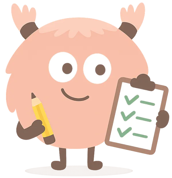 Flip, la mascota de Diploma de Cálculo, con un lápiz y una ficha con todo marcado como correcto